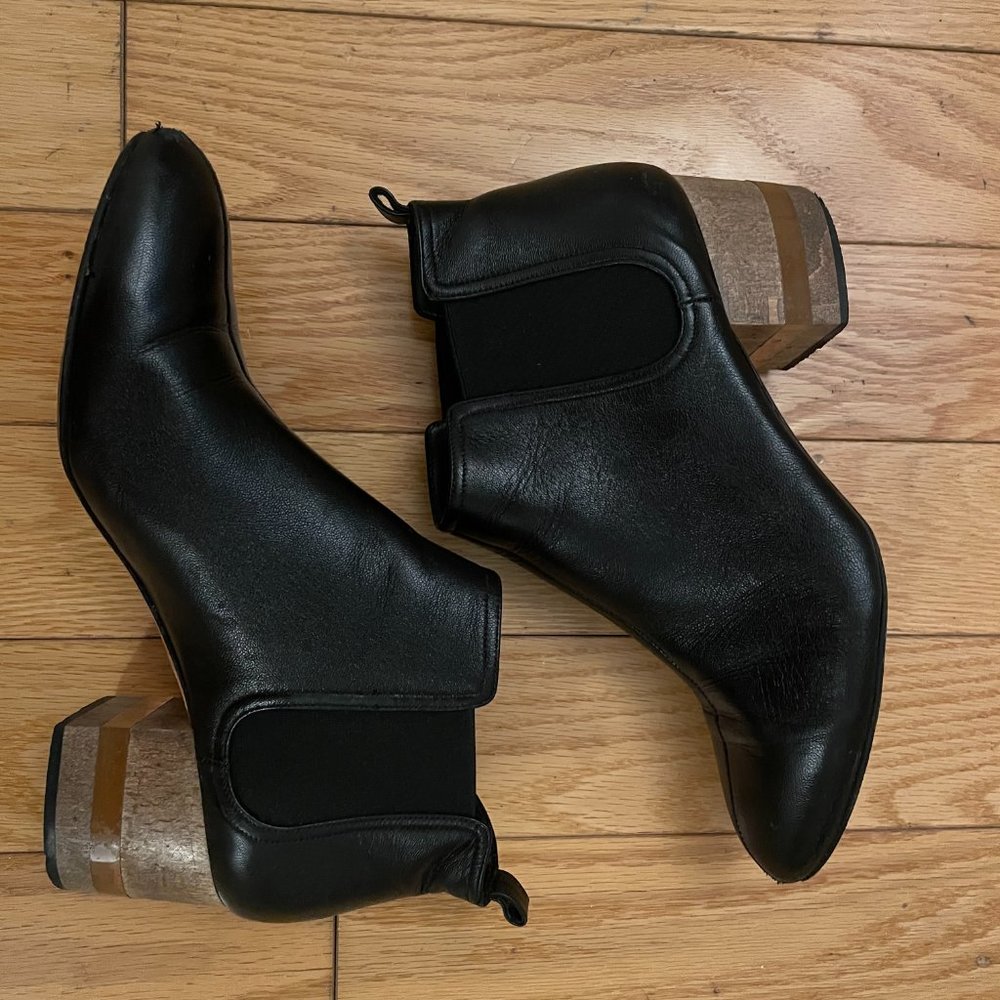 Dear Frances Black Leather Bootie with Wooden/ Clear Heel in Size 7.5
